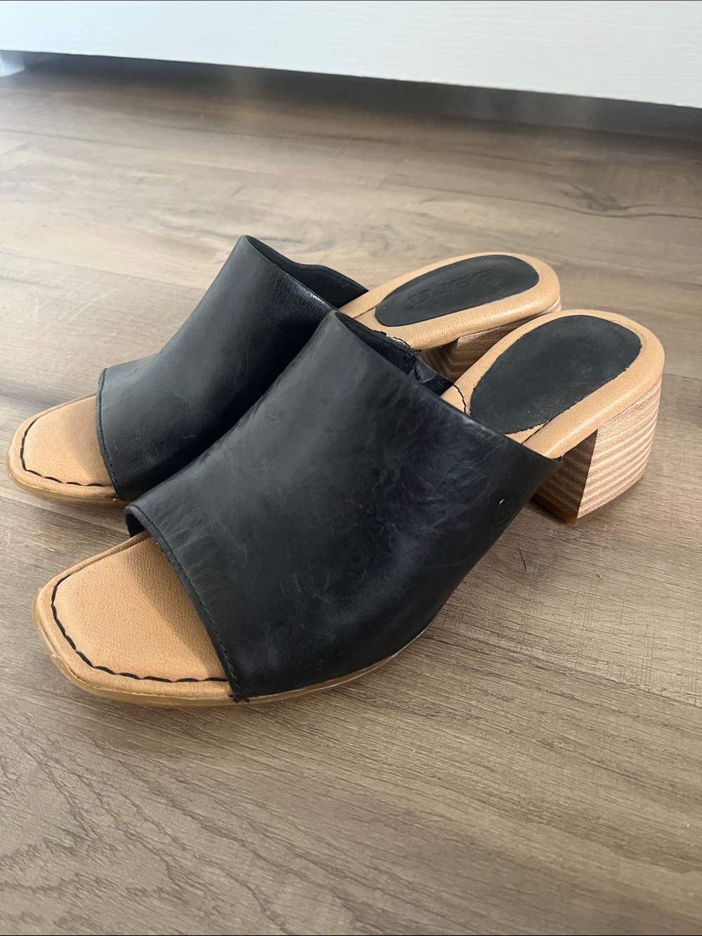 Born Black Leather Open-Toe Block Heel Mules with Tan Insole Eco Sustainable